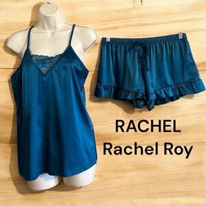 RACHEL Rachel Roy Women's Teal Green Satin Cami Short Tap Pant Ruffle Pajama Set